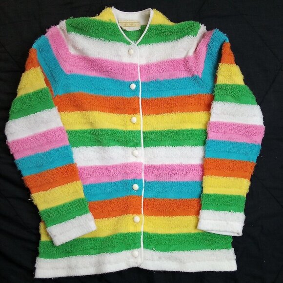 Vintage 70s Finest Quality Imports Rainbow Stripe Cardigan Sweater - Picture 2 of 5